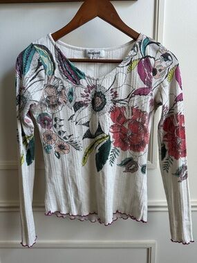 Desigual White Floral Rib-Knit Long Sleeve Top with Pink & Teal Accents